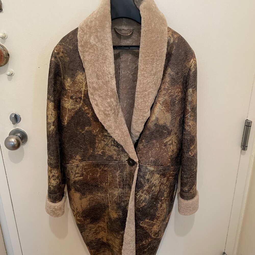 Dacute Italy Shearling Sheepskin Metallic/Gold Cardigan/Coat